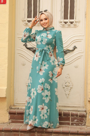 Neva Style - Çiçek Desenli Çağla Yeşili Tesettür Elbise 279314CY - 3