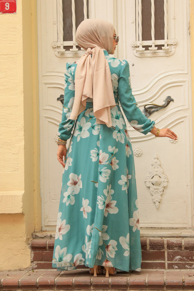 Neva Style - Çiçek Desenli Çağla Yeşili Tesettür Elbise 279314CY - 4