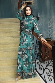 Neva Style - Çiçek Desenli Çağla Yeşili Tesettür Elbise 279322CY - Thumbnail