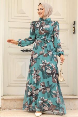 Neva Style - Çiçek Desenli Çağla Yeşili Tesettür Elbise 279322CY - 1