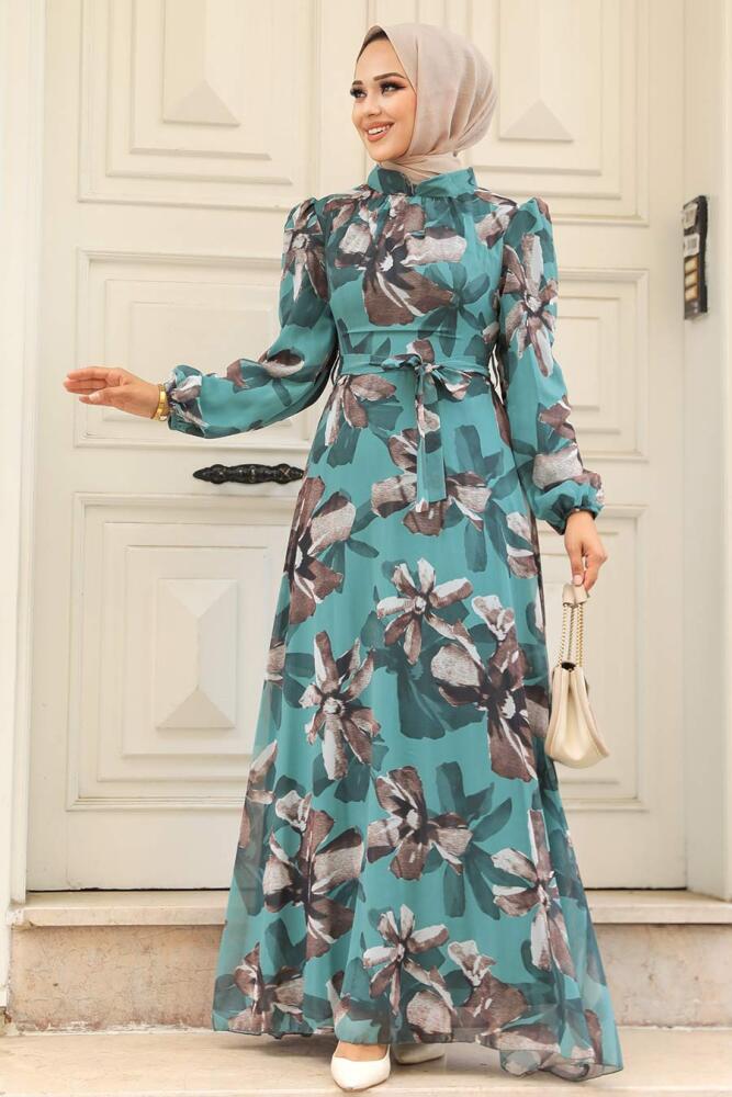 Neva Style - Çiçek Desenli Çağla Yeşili Tesettür Elbise 279322CY - 1