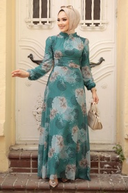 Neva Style - Çiçek Desenli Çağla Yeşili Tesettür Elbise 279323CY - Thumbnail