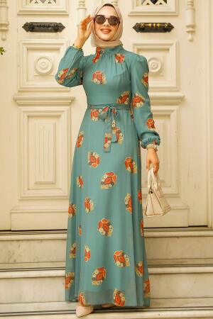 Neva Style - Çiçek Desenli Çağla Yeşili Tesettür Elbise 27937CY - 2