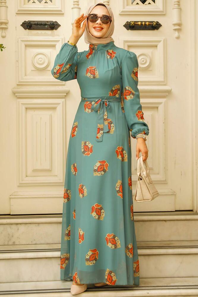 Neva Style - Çiçek Desenli Çağla Yeşili Tesettür Elbise 27937CY - 2