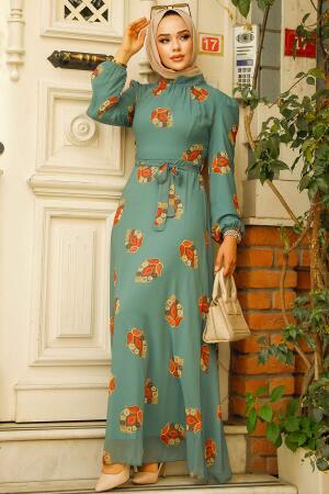 Neva Style - Çiçek Desenli Çağla Yeşili Tesettür Elbise 27937CY - 1