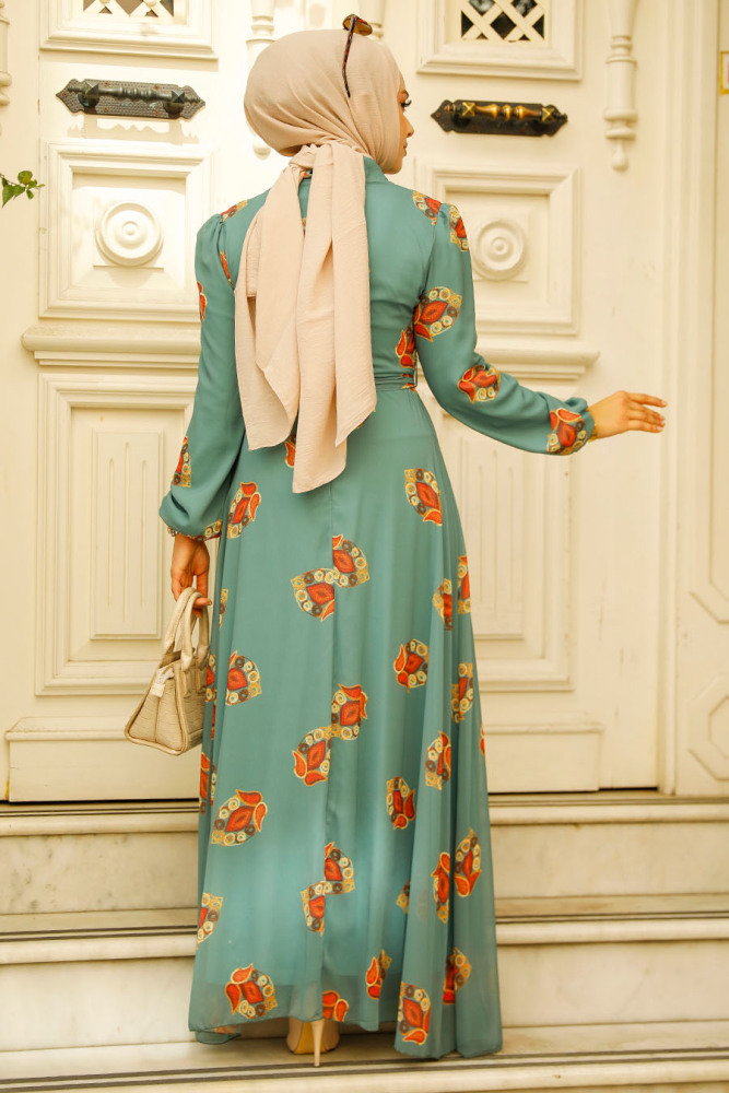 Neva Style - Çiçek Desenli Çağla Yeşili Tesettür Elbise 27937CY - 3