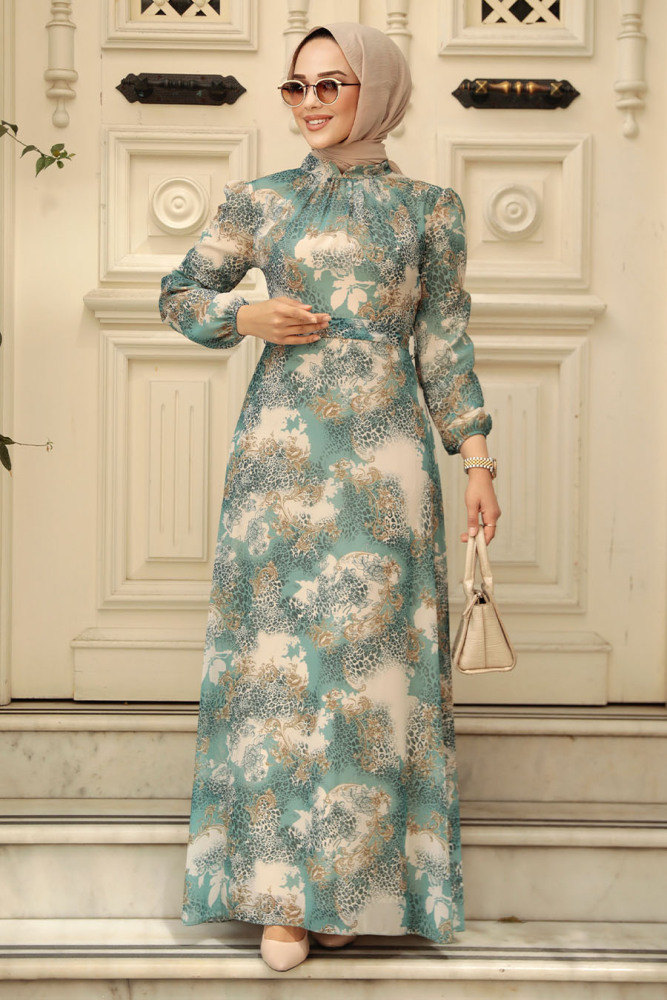 Neva Style - Çiçek Desenli Çağla Yeşili Tesettür Elbise 27944CY - 2