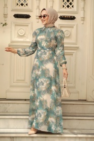 Neva Style - Çiçek Desenli Çağla Yeşili Tesettür Elbise 27944CY - Thumbnail
