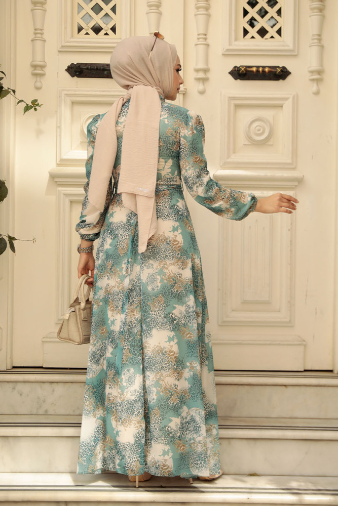 Neva Style - Çiçek Desenli Çağla Yeşili Tesettür Elbise 27944CY - 3