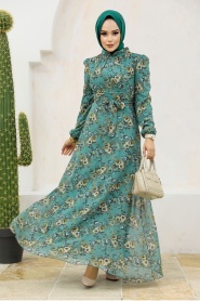 Neva Style - Çiçek Desenli Çağla Yeşili Tesettür Elbise 27947CY - Thumbnail