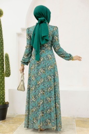 Neva Style - Çiçek Desenli Çağla Yeşili Tesettür Elbise 27947CY - Thumbnail