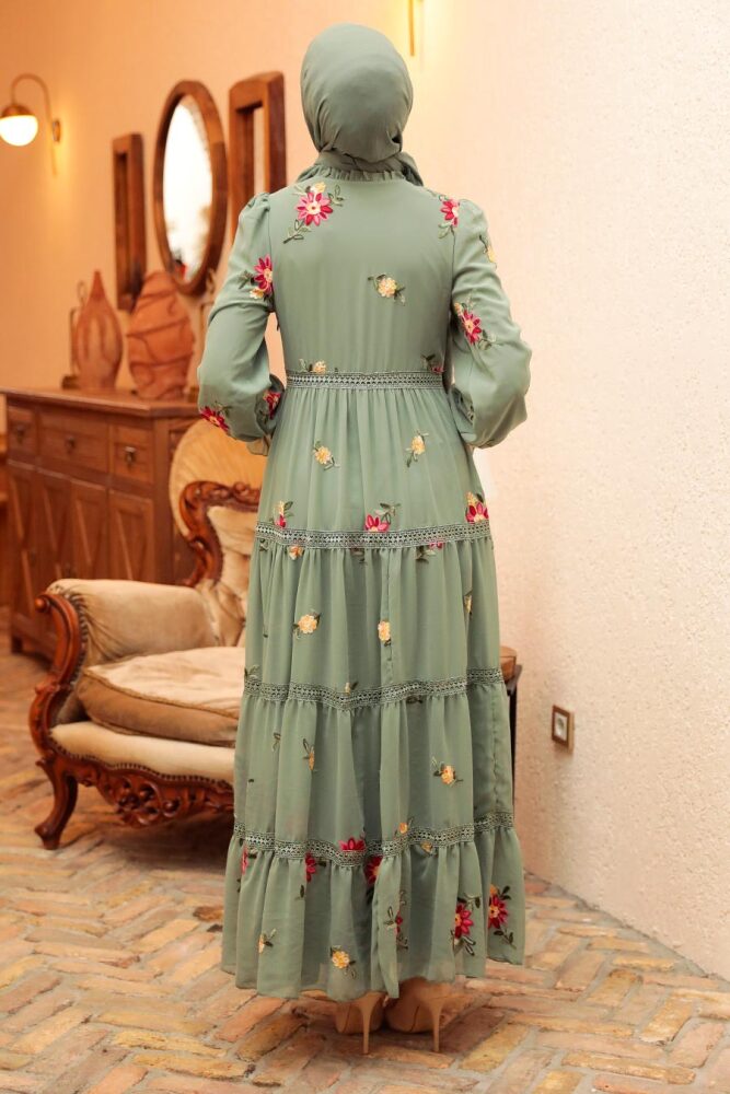 Neva Style - Çiçek Desenli Çağla Yeşili Tesettür Elbise 32811CY - 2