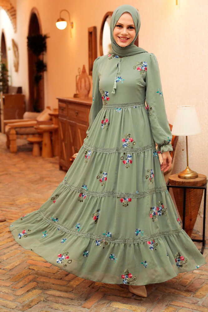 Neva Style - Çiçek Desenli Çağla Yeşili Tesettür Elbise 32811CY - 1