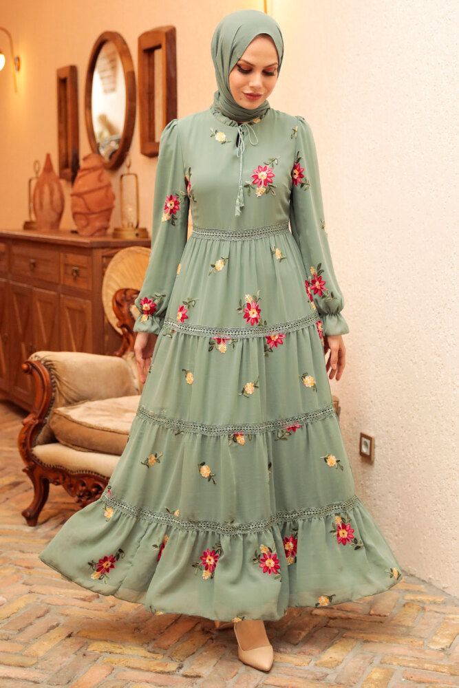 Neva Style - Çiçek Desenli Çağla Yeşili Tesettür Elbise 32812CY - 2