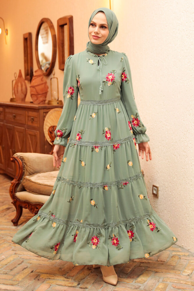Neva Style - Çiçek Desenli Çağla Yeşili Tesettür Elbise 32812CY - 1