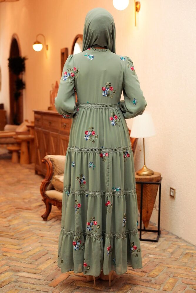 Neva Style - Çiçek Desenli Çağla Yeşili Tesettür Elbise 32812CY - 3
