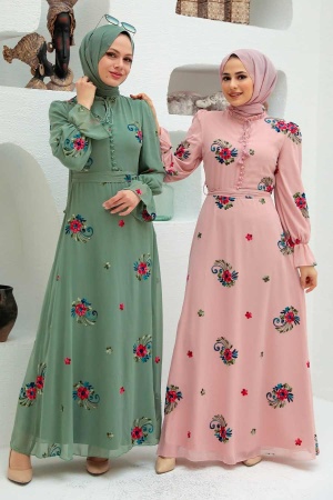  Çiçek Desenli Çağla Yeşili Tesettür Elbise 32943CY - 3