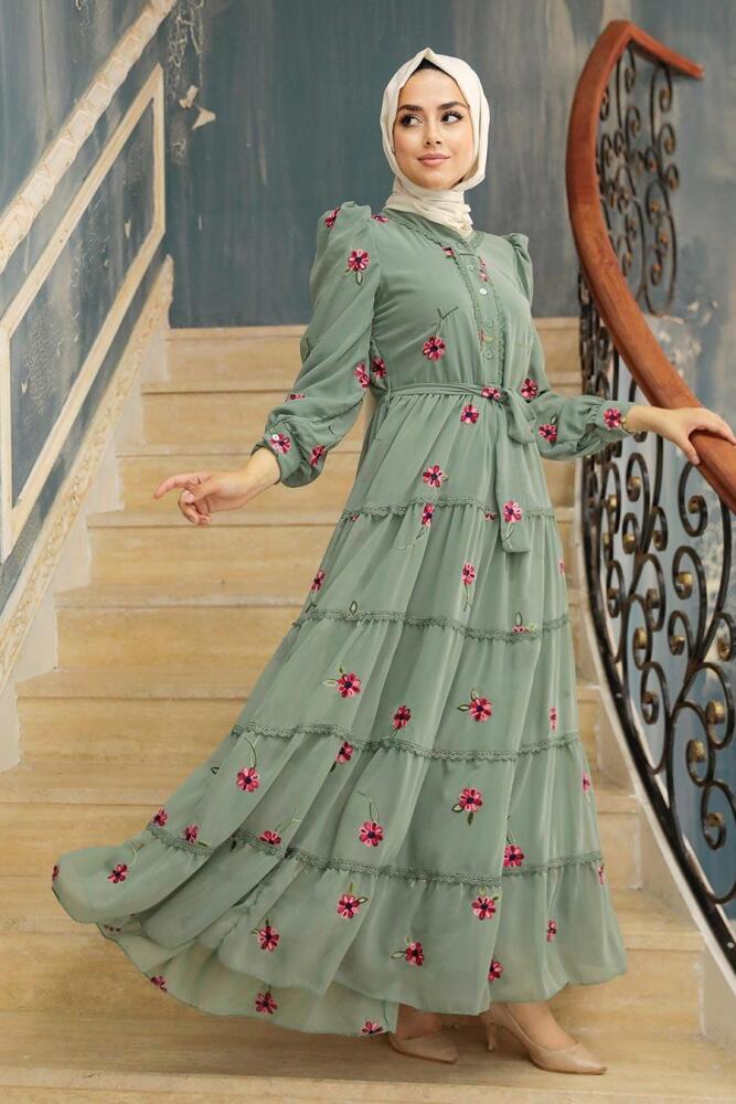Neva Style - Çiçek Desenli Çağla Yeşili Tesettür Elbise 35720CY - 1