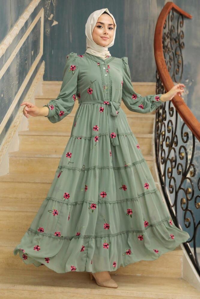 Neva Style - Çiçek Desenli Çağla Yeşili Tesettür Elbise 35720CY - 2