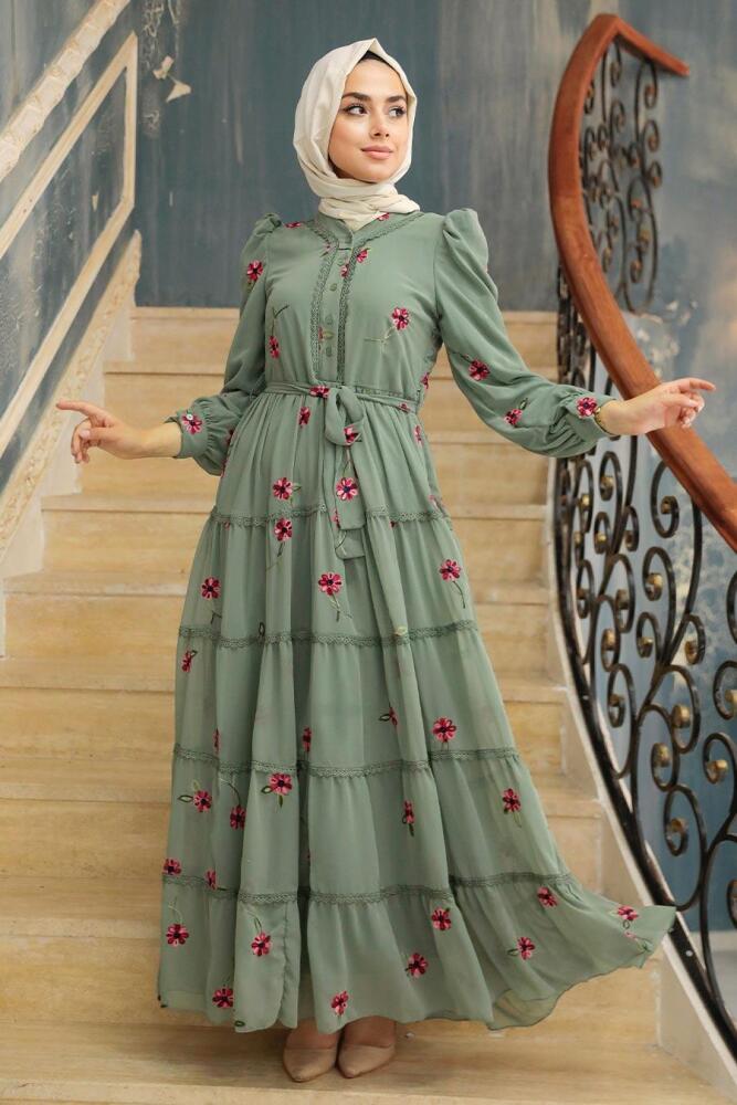 Neva Style - Çiçek Desenli Çağla Yeşili Tesettür Elbise 35720CY - 3