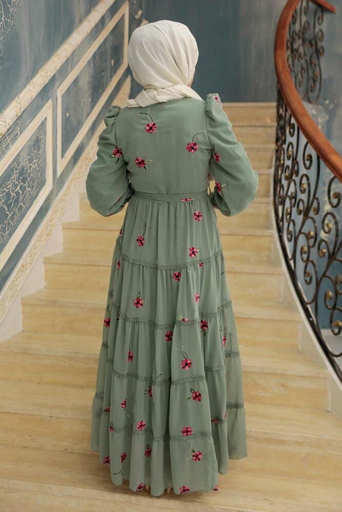 Neva Style - Çiçek Desenli Çağla Yeşili Tesettür Elbise 35720CY - 4