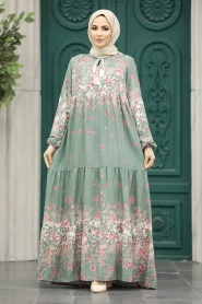 Neva Style - Çiçek Desenli Çağla Yeşili Tesettür Elbise 50003CY - Thumbnail