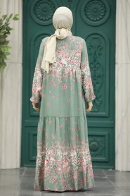 Neva Style - Çiçek Desenli Çağla Yeşili Tesettür Elbise 50003CY - Thumbnail
