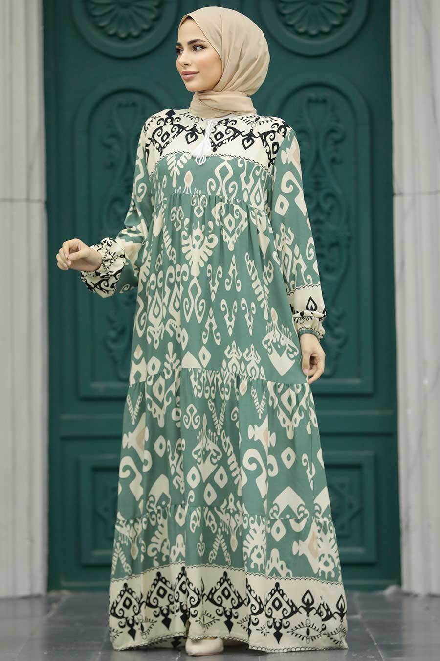Neva Style - Çiçek Desenli Çağla Yeşili Tesettür Elbise 50004CY
