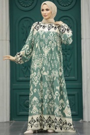 Neva Style - Çiçek Desenli Çağla Yeşili Tesettür Elbise 50004CY - Thumbnail