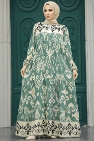 Neva Style - Çiçek Desenli Çağla Yeşili Tesettür Elbise 50004CY - Thumbnail