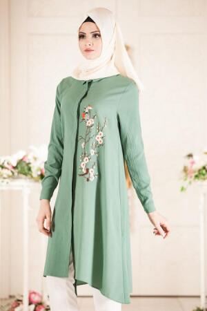 Neva Style - Çiçek Desenli Çağla Yeşili Tesettür Tunik 52290CY - 1