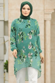 Neva Style - Çiçek Desenli Çağla Yeşili Tesettür Tunik 91236CY - Thumbnail