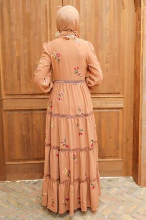  Çiçek Desenli Camel Tesettür Elbise 3403C - 4