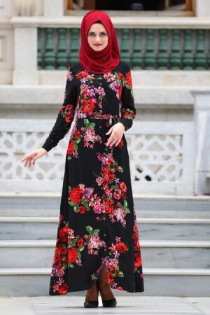 Neva Style - Çiçek Desenli Düğmeli Kırmızı Tesettür Elbise 1379K - 1