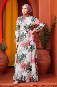 Neva Style - Çiçek Desenli Ekru Tesettür Elbise 27932E - Thumbnail
