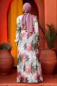 Neva Style - Çiçek Desenli Ekru Tesettür Elbise 27932E - Thumbnail