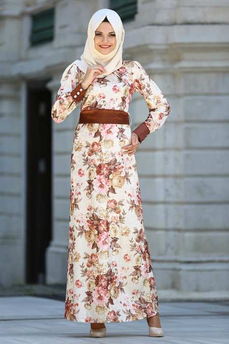 Neva Style - Çiçek Desenli Ekru Kadife Tesettür Elbise 2088E