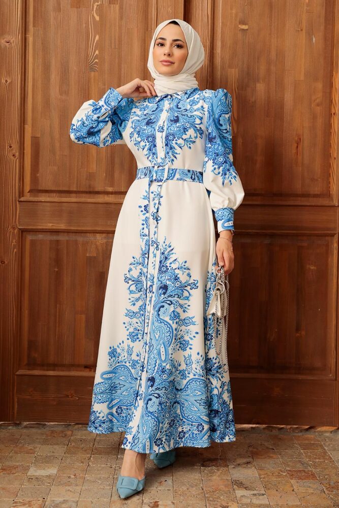 Neva Style - Çiçek Desenli Ekru Tesettür Atlas Elbise 22134E - 3
