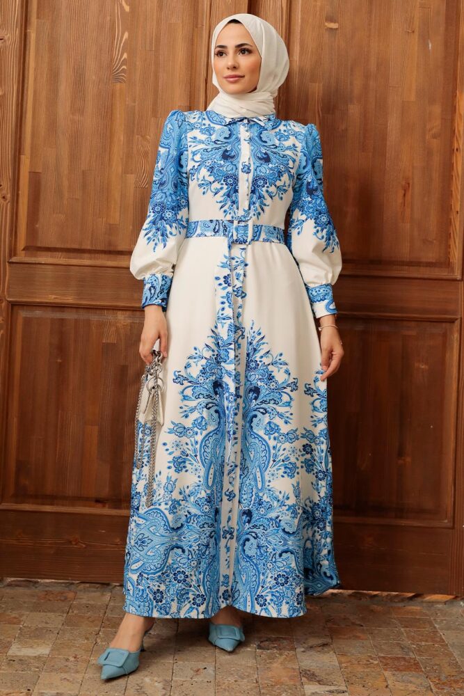 Neva Style - Çiçek Desenli Ekru Tesettür Atlas Elbise 22134E - 4