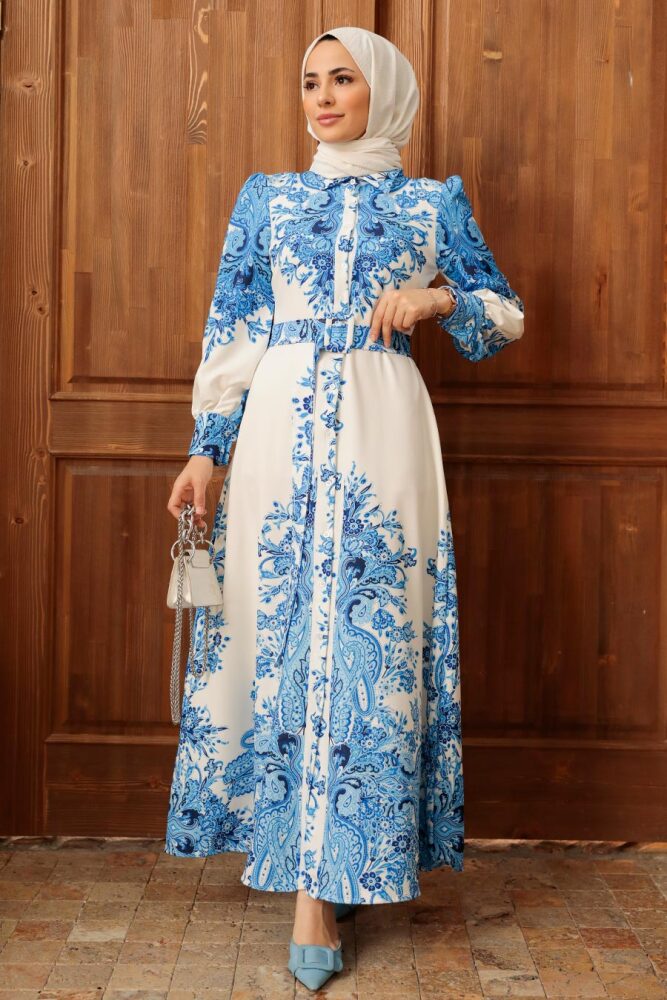 Neva Style - Çiçek Desenli Ekru Tesettür Atlas Elbise 22134E - 1