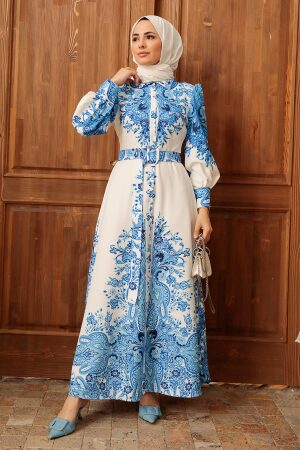 Neva Style - Çiçek Desenli Ekru Tesettür Atlas Elbise 22134E - 2