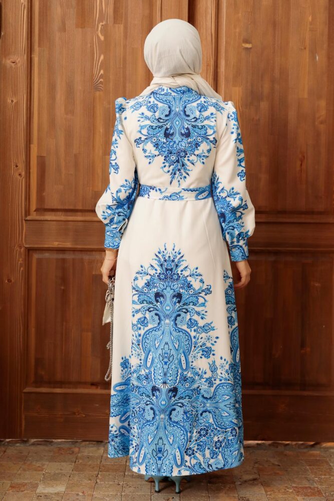 Neva Style - Çiçek Desenli Ekru Tesettür Atlas Elbise 22134E - 5