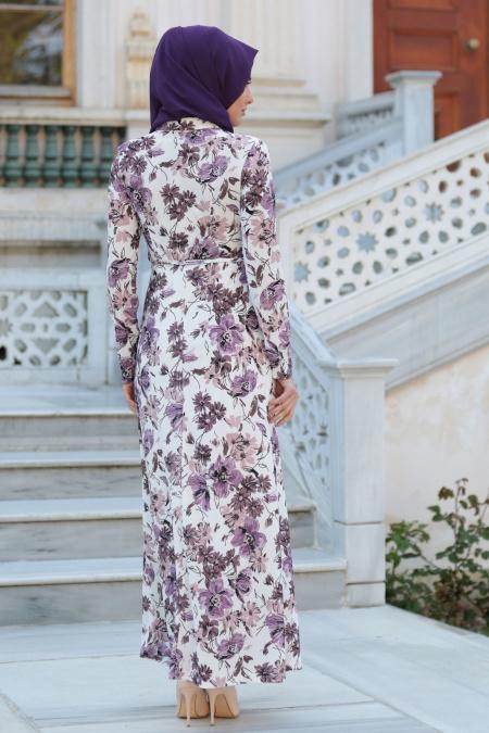 Neva Style - Çiçek Desenli Ekru Tesettür Elbise 100112E - 3