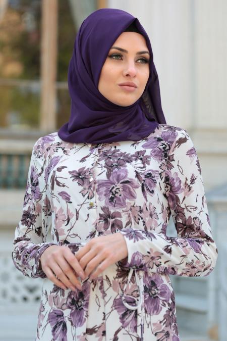 Neva Style - Çiçek Desenli Ekru Tesettür Elbise 100112E - 2