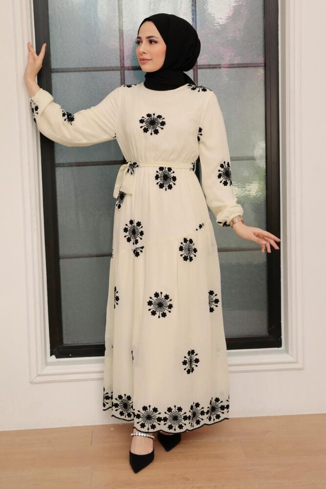 Neva Style - Çiçek Desenli Ekru Tesettür Elbise 1332E - 1