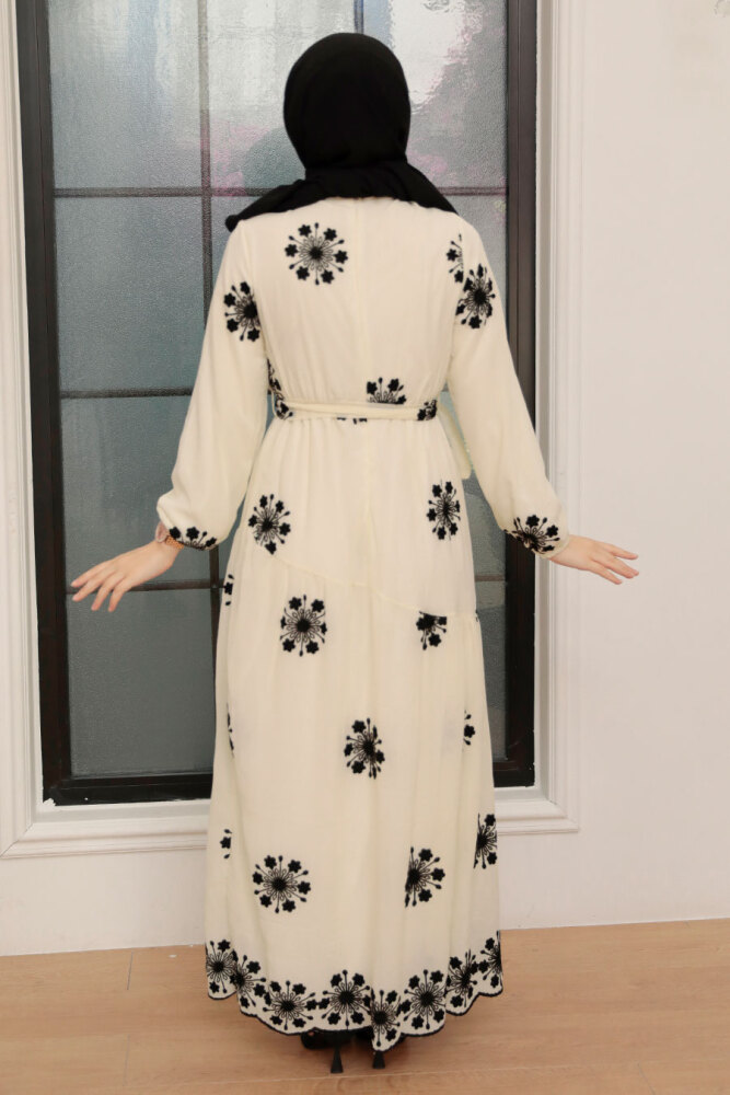 Neva Style - Çiçek Desenli Ekru Tesettür Elbise 1332E - 2