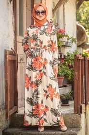 Neva Style - Çiçek Desenli Ekru Tesettür Elbise 15492E - Thumbnail