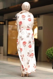 Neva Style - Çiçek Desenli Ekru Tesettür Elbise 1614E - Thumbnail