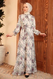 Neva Style - Çiçek Desenli Ekru Tesettür Elbise 279022E - Thumbnail