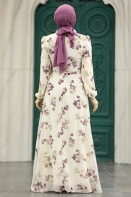 Neva Style - Çiçek Desenli Ekru Tesettür Elbise 279317E - Thumbnail